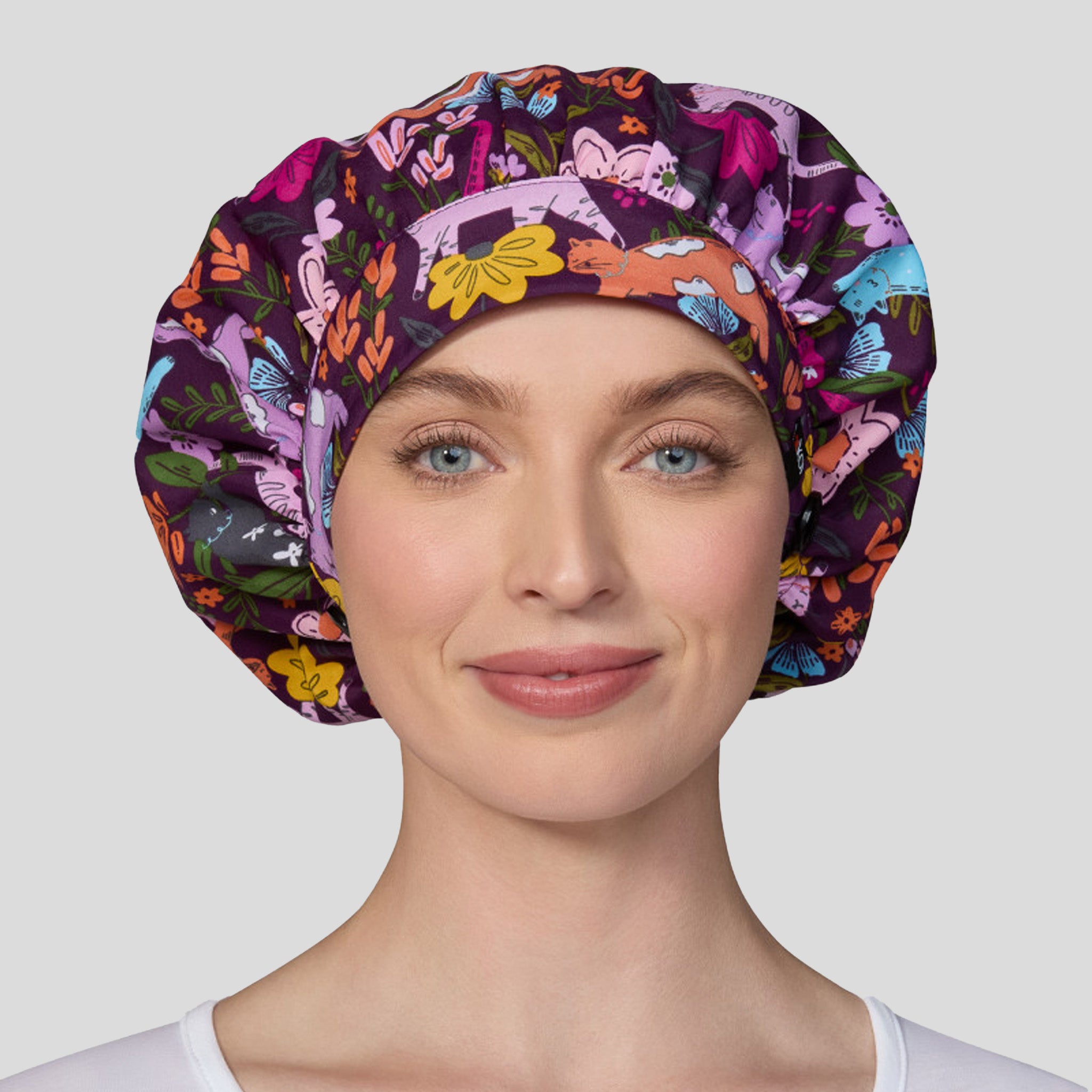 Floral Kitties Bouffant Cap
